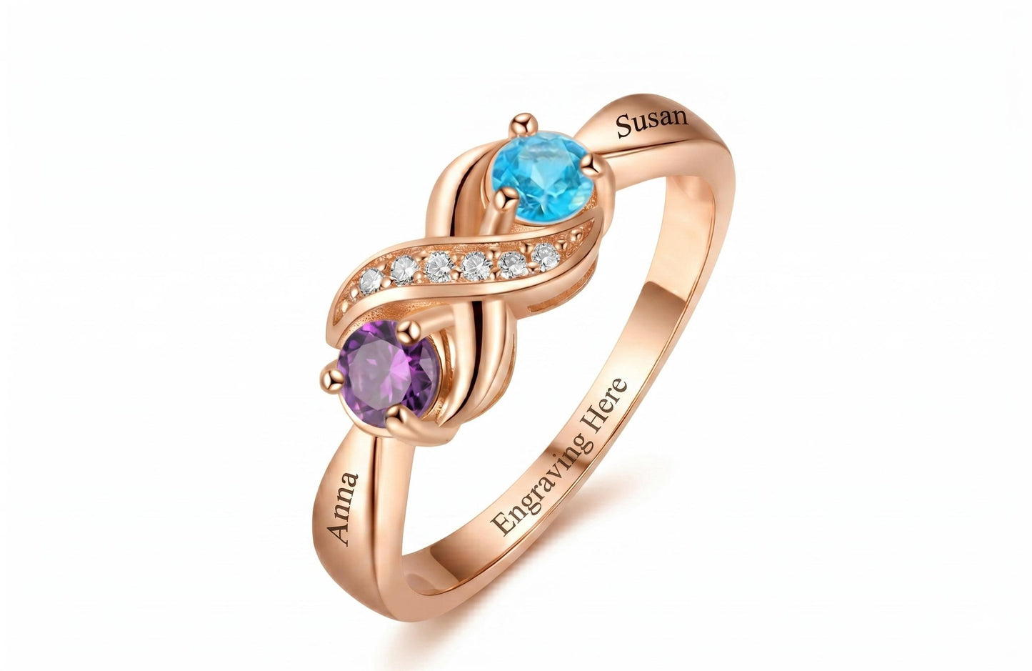 Personalized Sterling Silver / Yellow Gold / Rose Gold Infinity Friendship Ring with Names and Birthstones
