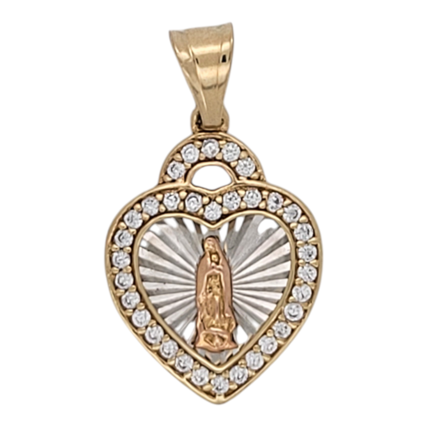 14K gold pendant. Heart with Virgin of Guadalupe. CZ stone
