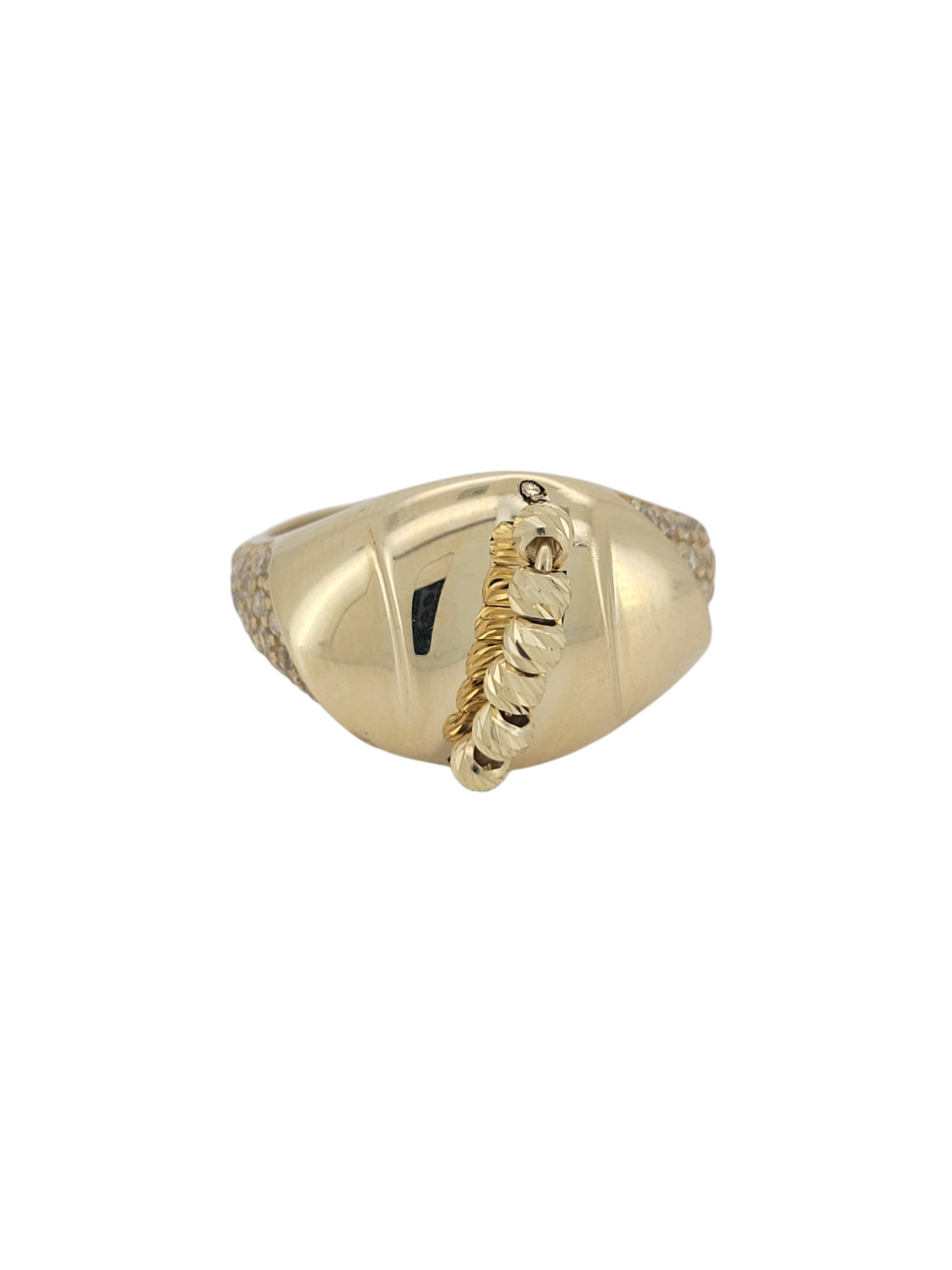 10K gold ring. Small beads in a row in the center. CZ stone on the side. Size 8