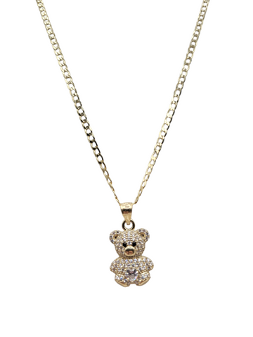 10K Gold Chain. White CZ Stone Bear Pendant. 22in. 3mm