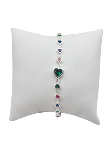 925 silver bracelet. Colored hearts. 8in. 2-5mm