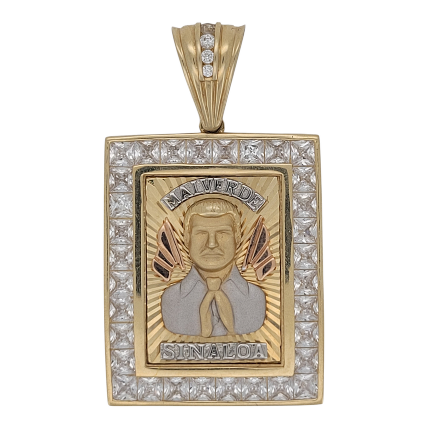14K gold pendant. Malverde. CZ stone. Solid