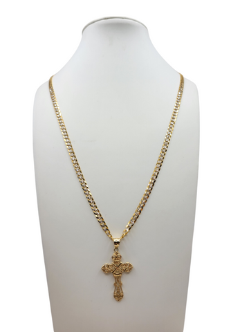 14K Gold Cuban Chain. Woven Cross Pendant. 22in. 4mm
