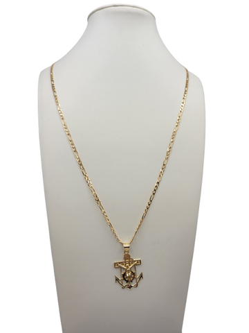 10K Gold Figaro Chain. Anchor Pendant. 22in. 2.5mm