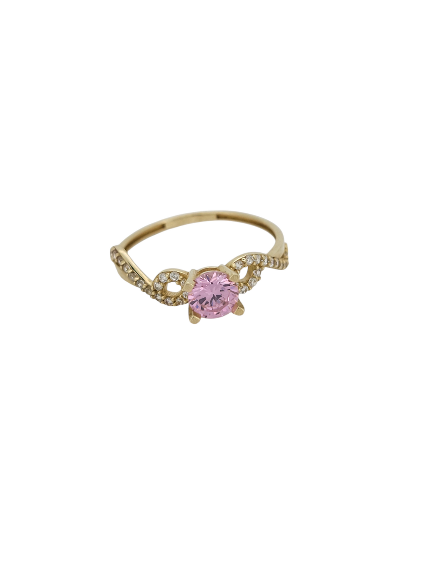 10K gold ring. Round pink stone. CZ stones. Size 8