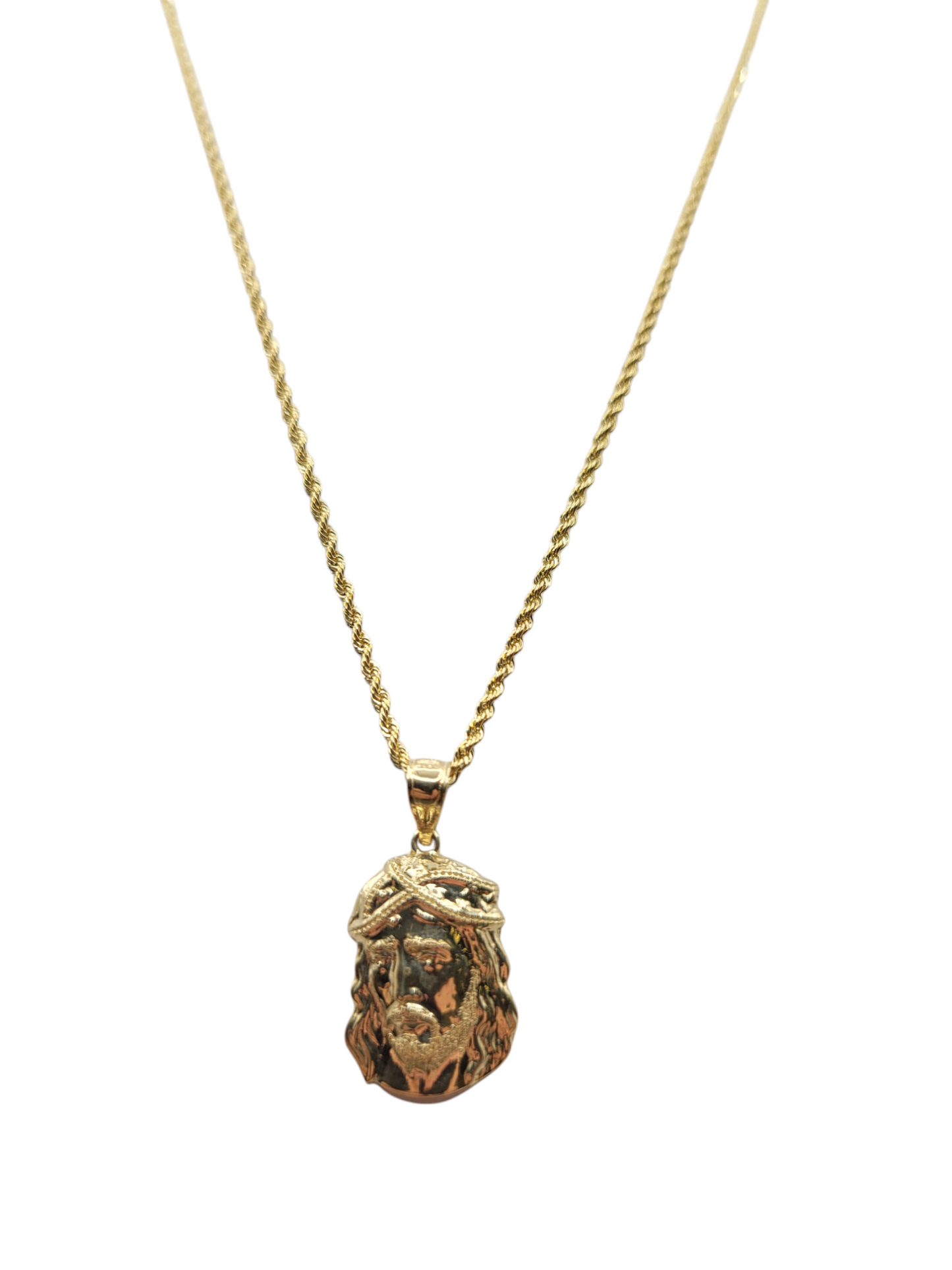 10K Gold Rope Chain. Medium Jesus Pendant. 20in. 1.6mm