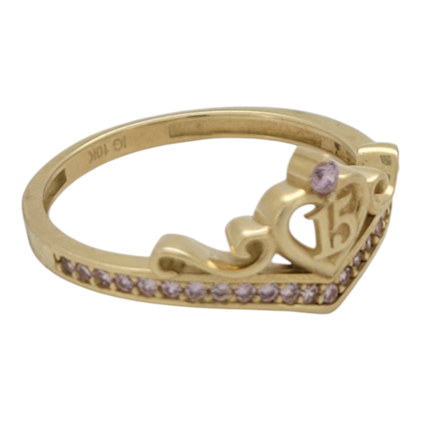 10K gold ring. Quinceañera. Heart with violet CZ stone. Size 7