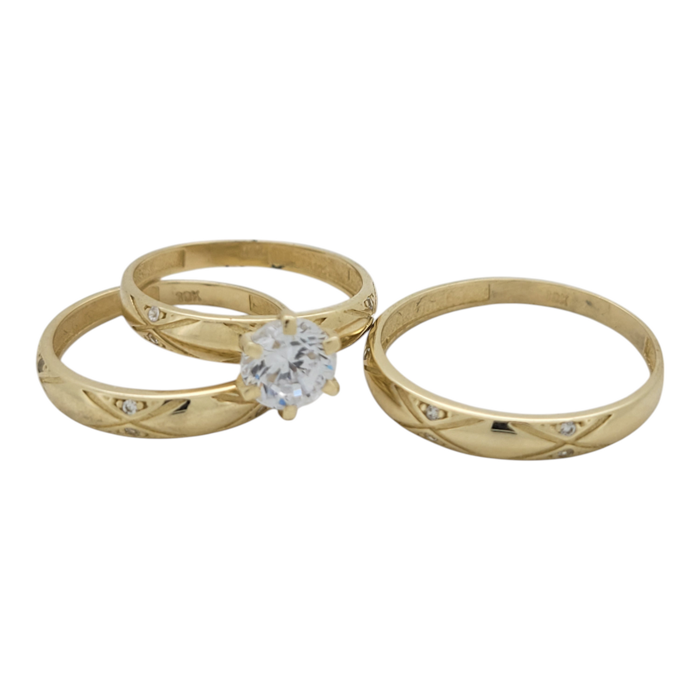10K gold wedding rings. Trio of rings for women and men. Sizes 6.5 and 10. CZ stone.