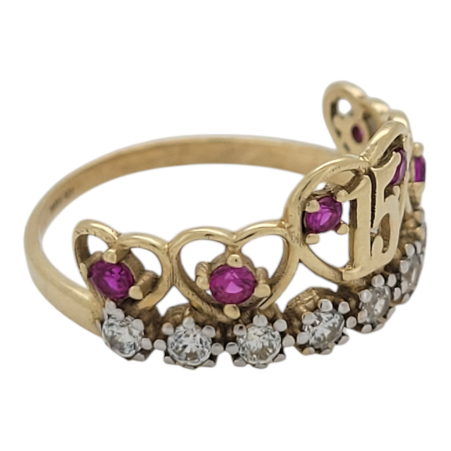 10K gold ring. Quinceañera. Hearts with pink and white CZ stones. Size 6