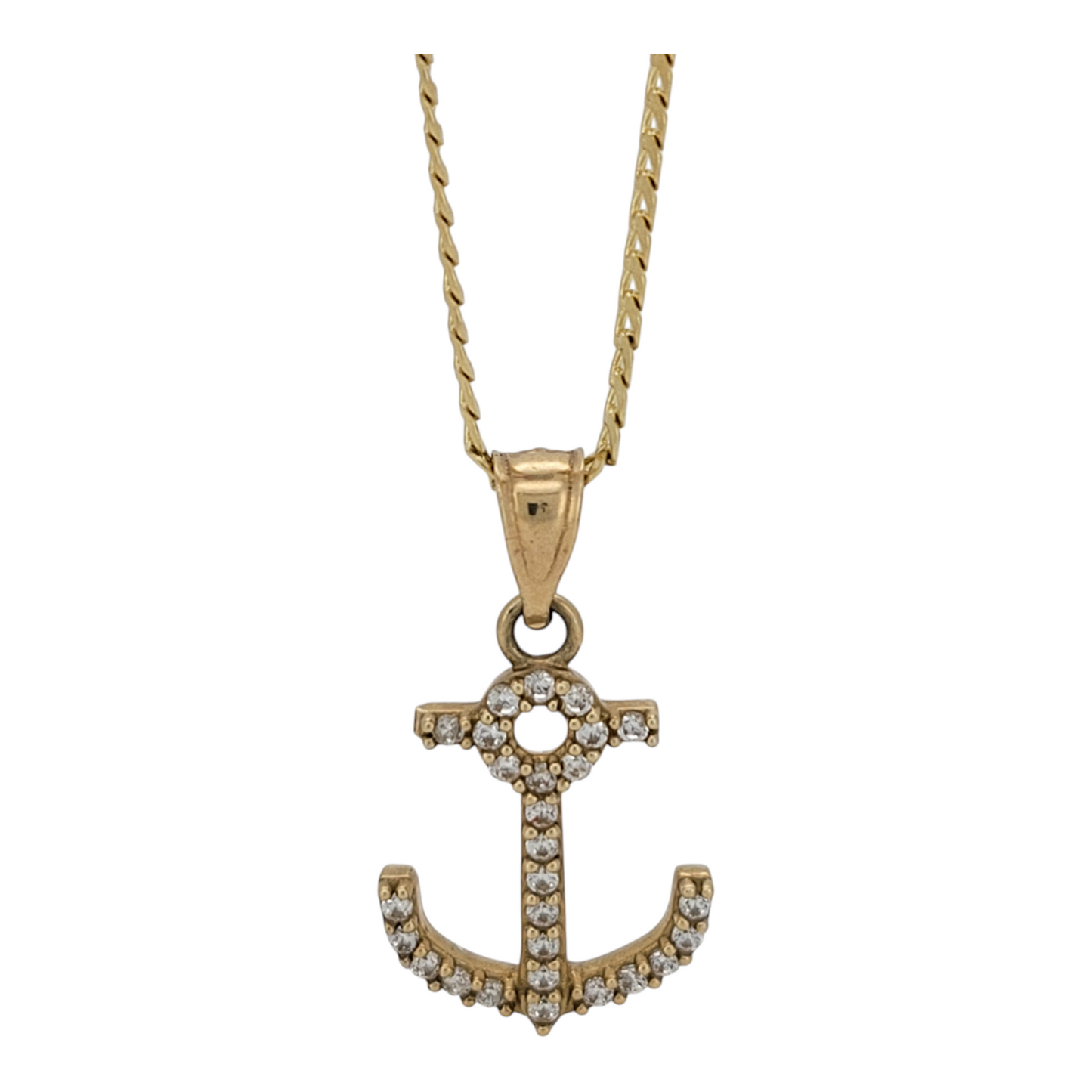 10K gold chain. Anchor pendant with CZ stone. 22in. 2mm
