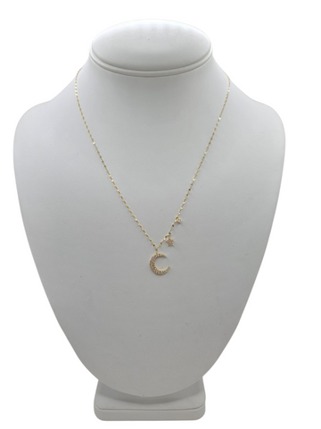 14K gold chain. moon and star.18in. 1mm.stone CZ
