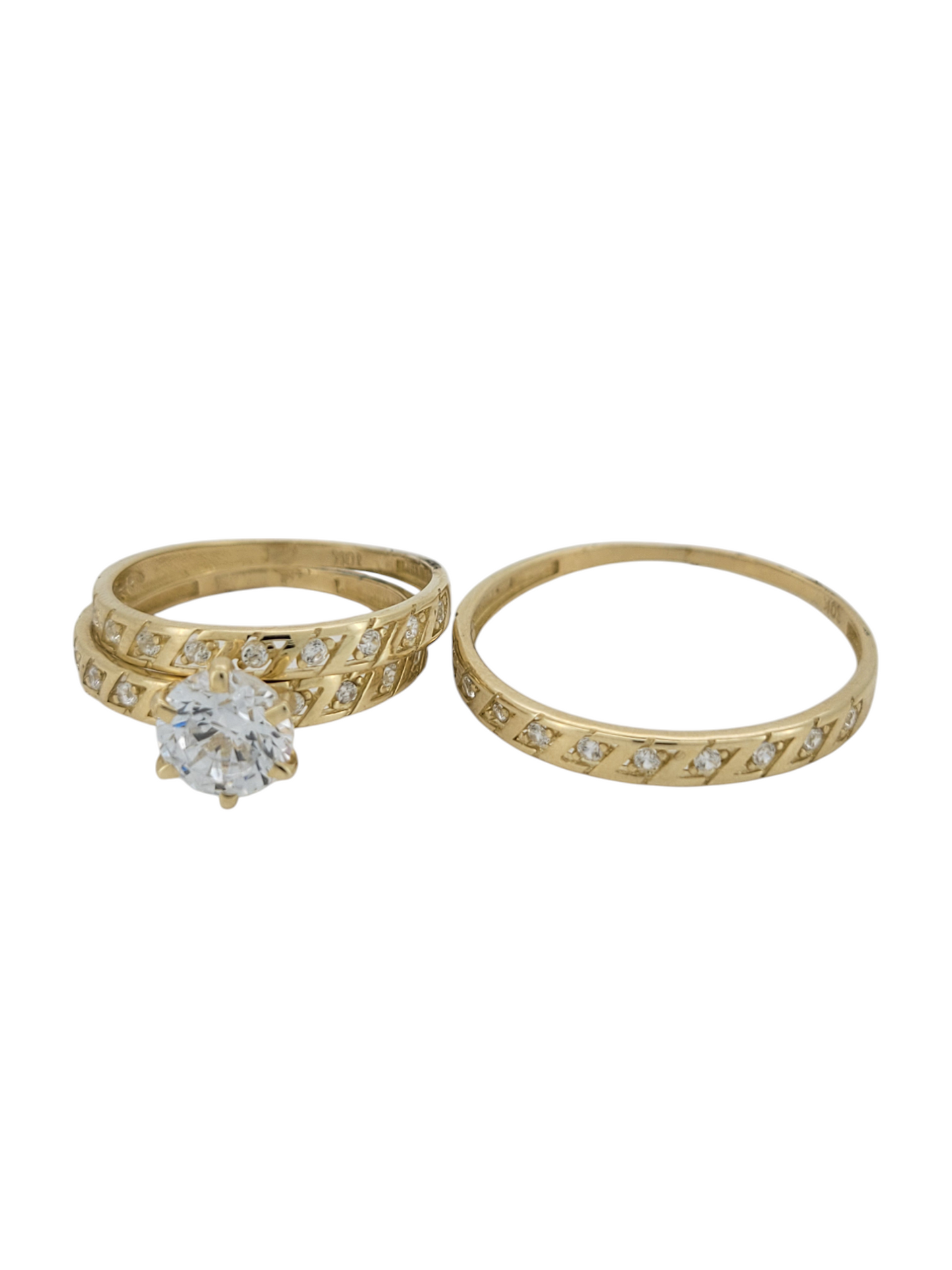 10K gold wedding rings. Trio. Women's size 6. Men's size 10.5. CZ stones