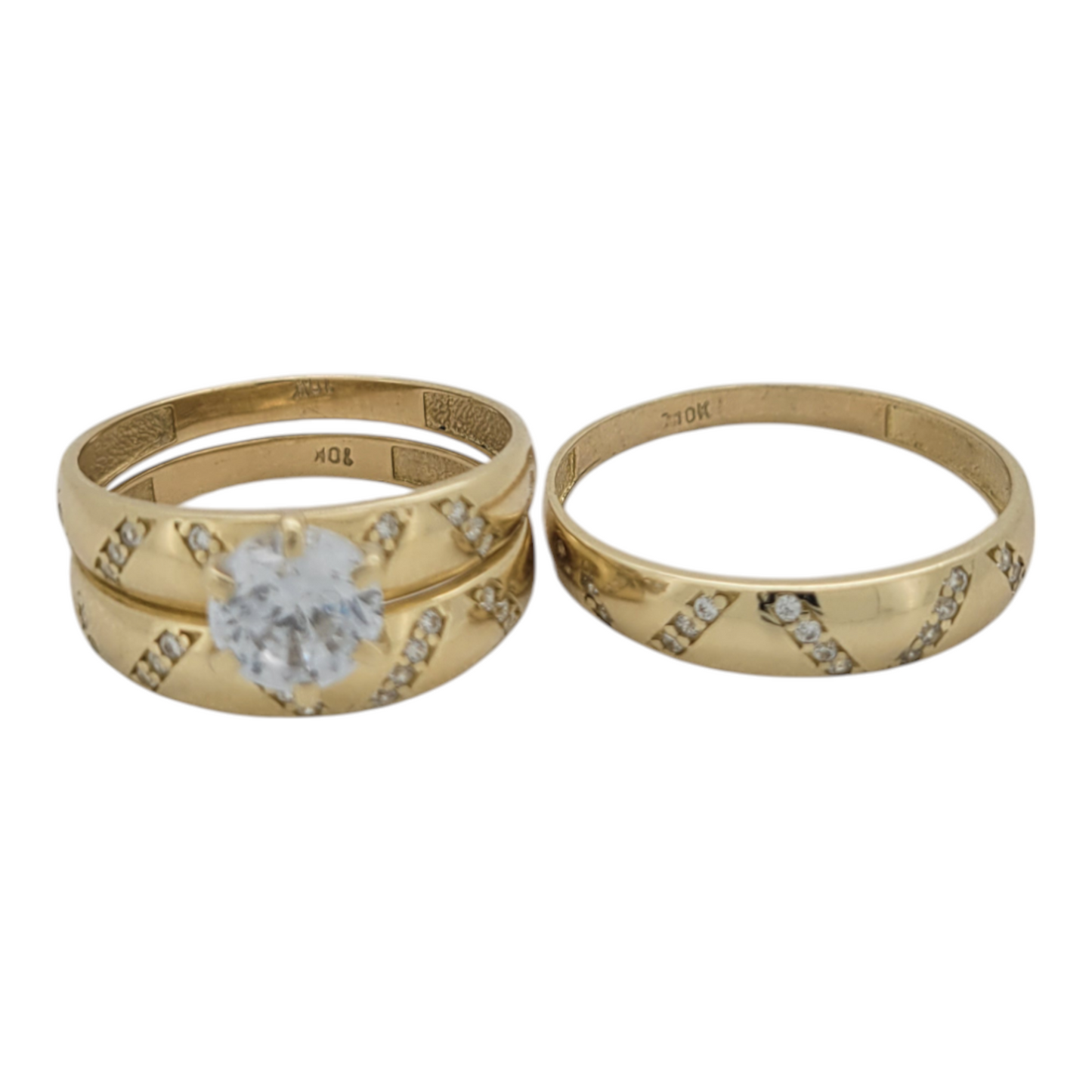 10K gold engagement rings. Trio of rings. Sizes 7.5 and 10. CZ stones.