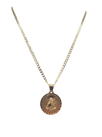 10K gold chain. Round Virgin of Charity pendant. 24in . 3mm