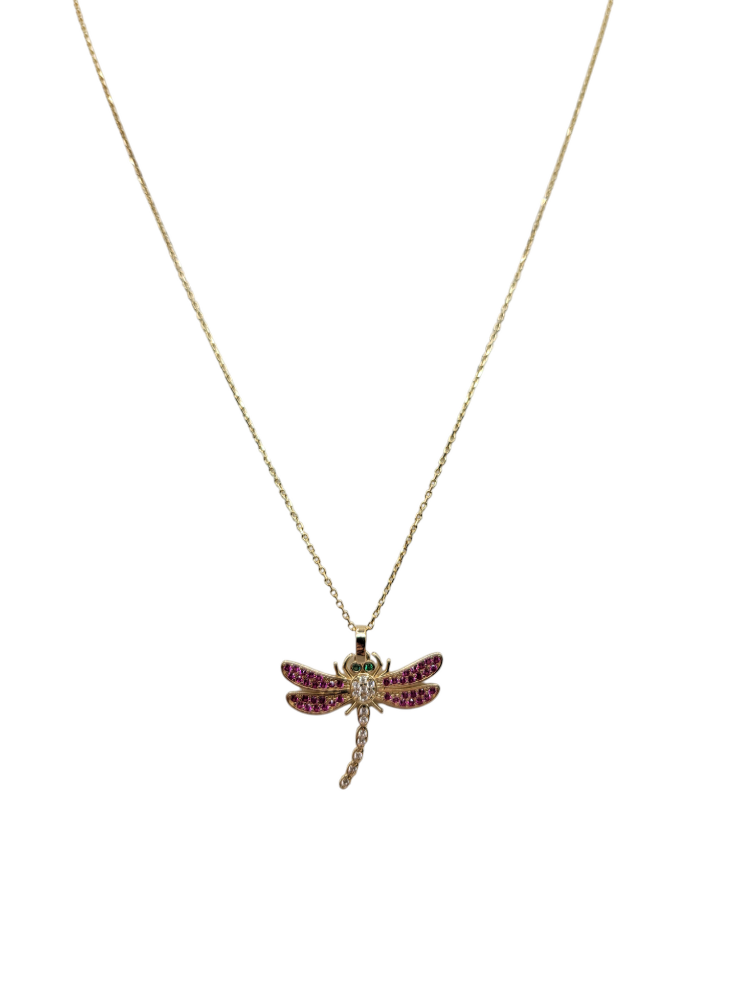 10K gold chain. dragonfly. 19in. 1mm. CZ stone