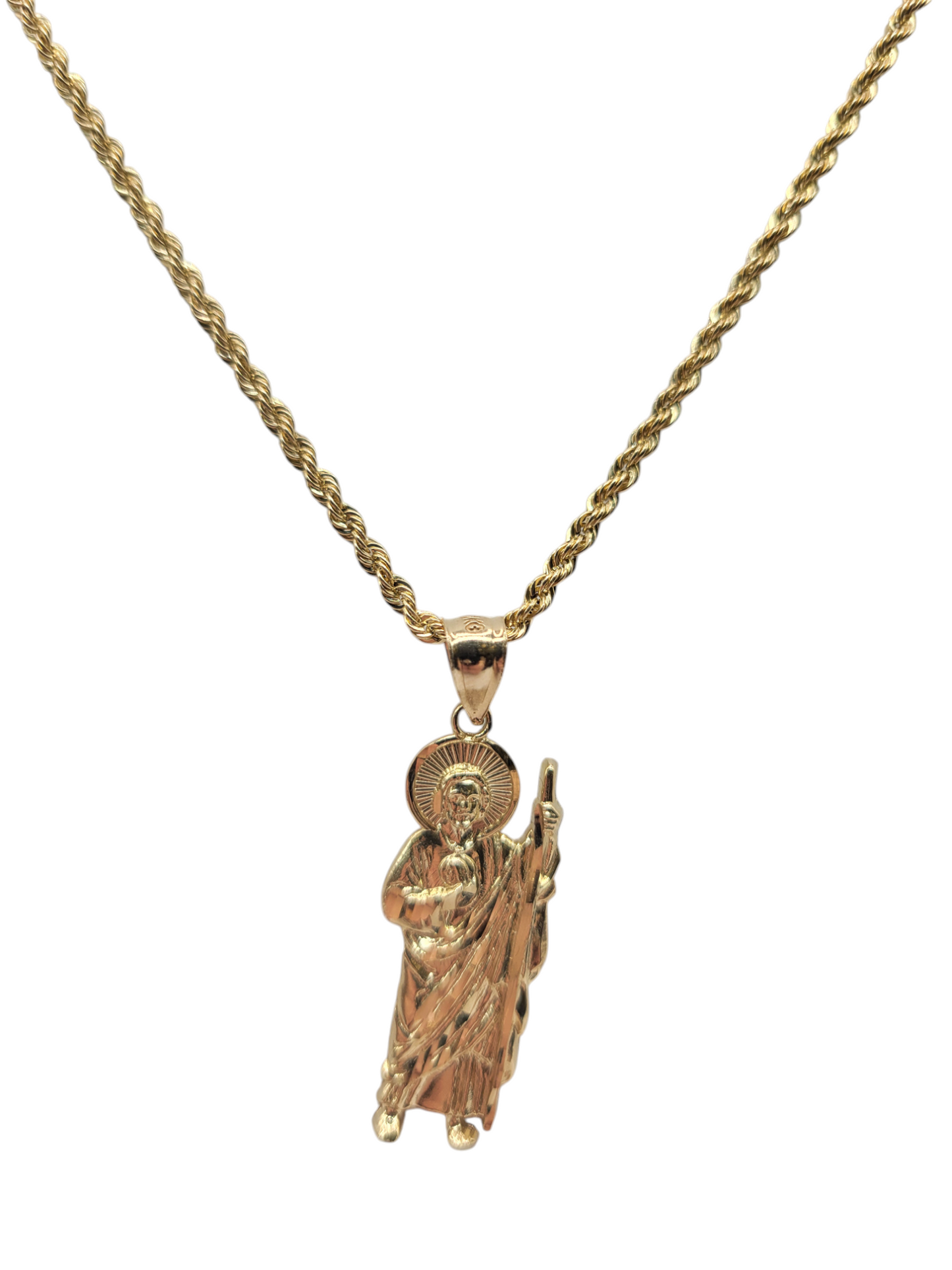10K gold rope chain. Saint Jude pendant. 24in. 2mm