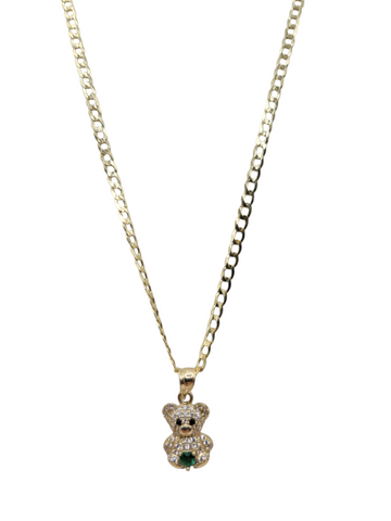 10K Gold Chain. Small Bear Pendant. Green CZ Stone. 20in. 3mm