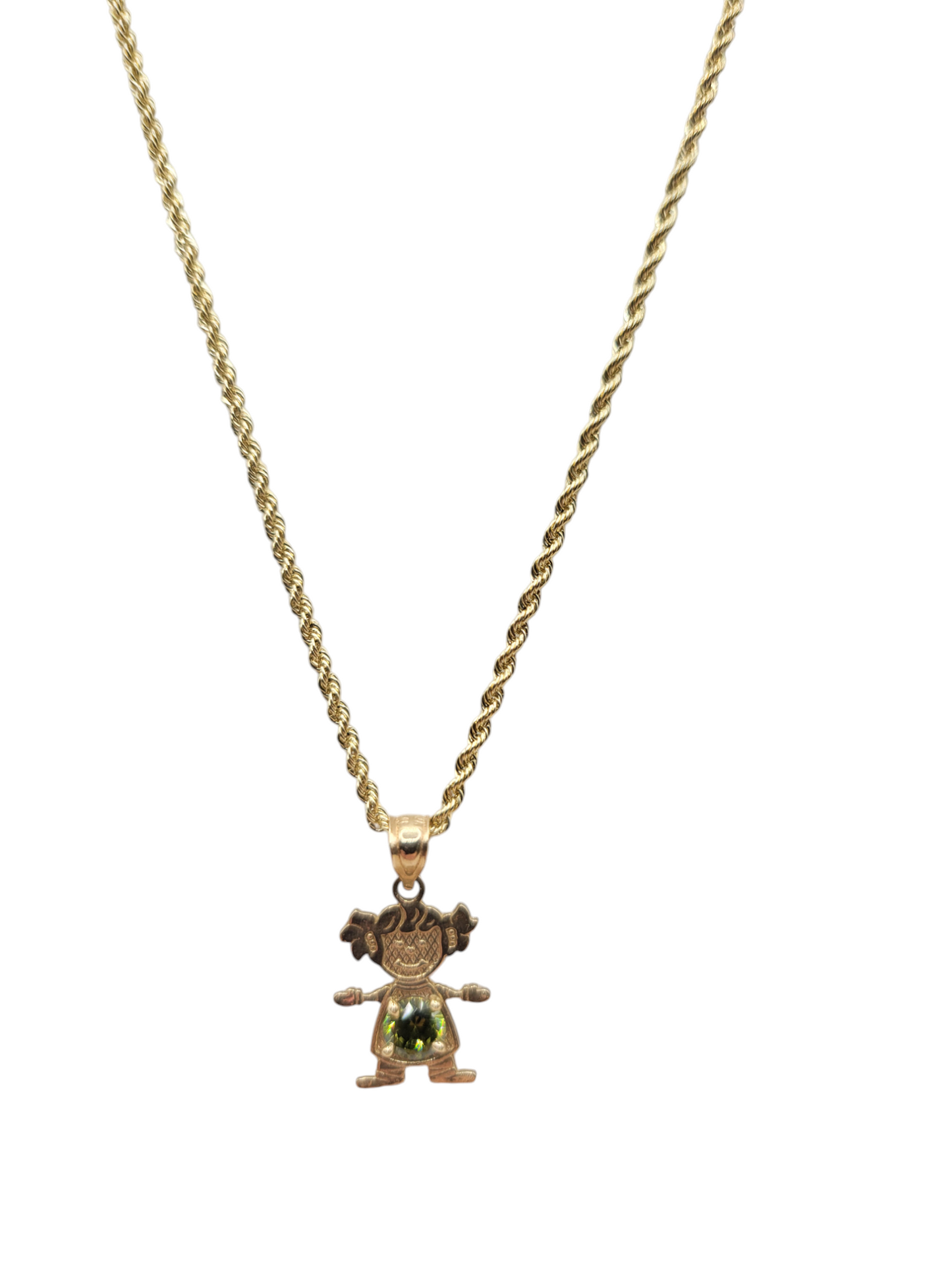 10K Gold Rope Chain. Girl's Pendant with CZ Stone. 20in. 1.5mm