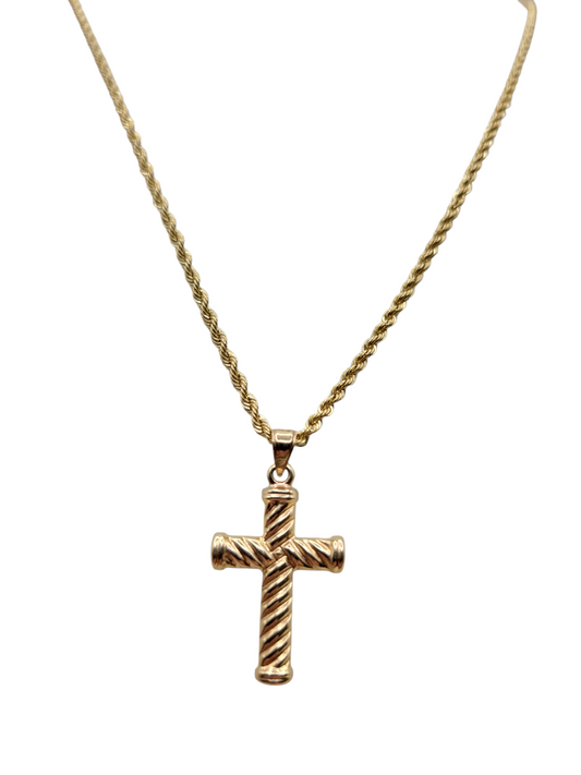10K Gold Rope Chain. Cross Pendant. 24in. 2.5mm