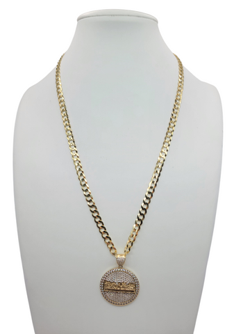 10K gold Cuban chain. Last Supper pendant with CZ stone. 20 inches. 6 mm.