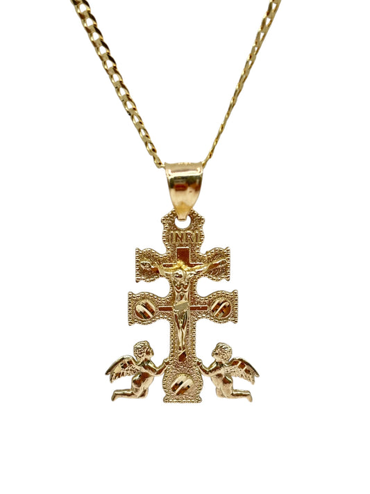 10k Gold Cuban Chain with pendant of Crucifix and angels 24in 2.5mm