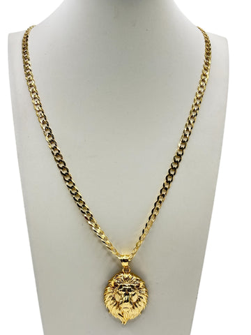 10k Gold solid Cuban Chain with pendant of Lion 22in 4.6mm