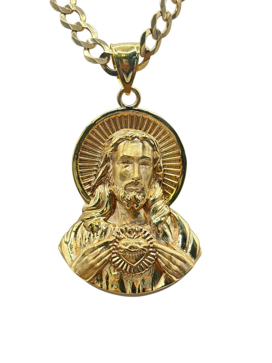 10k Gold solid Cuban Chain with pendant of Sacred heart of Jesus 26in 5.8mm