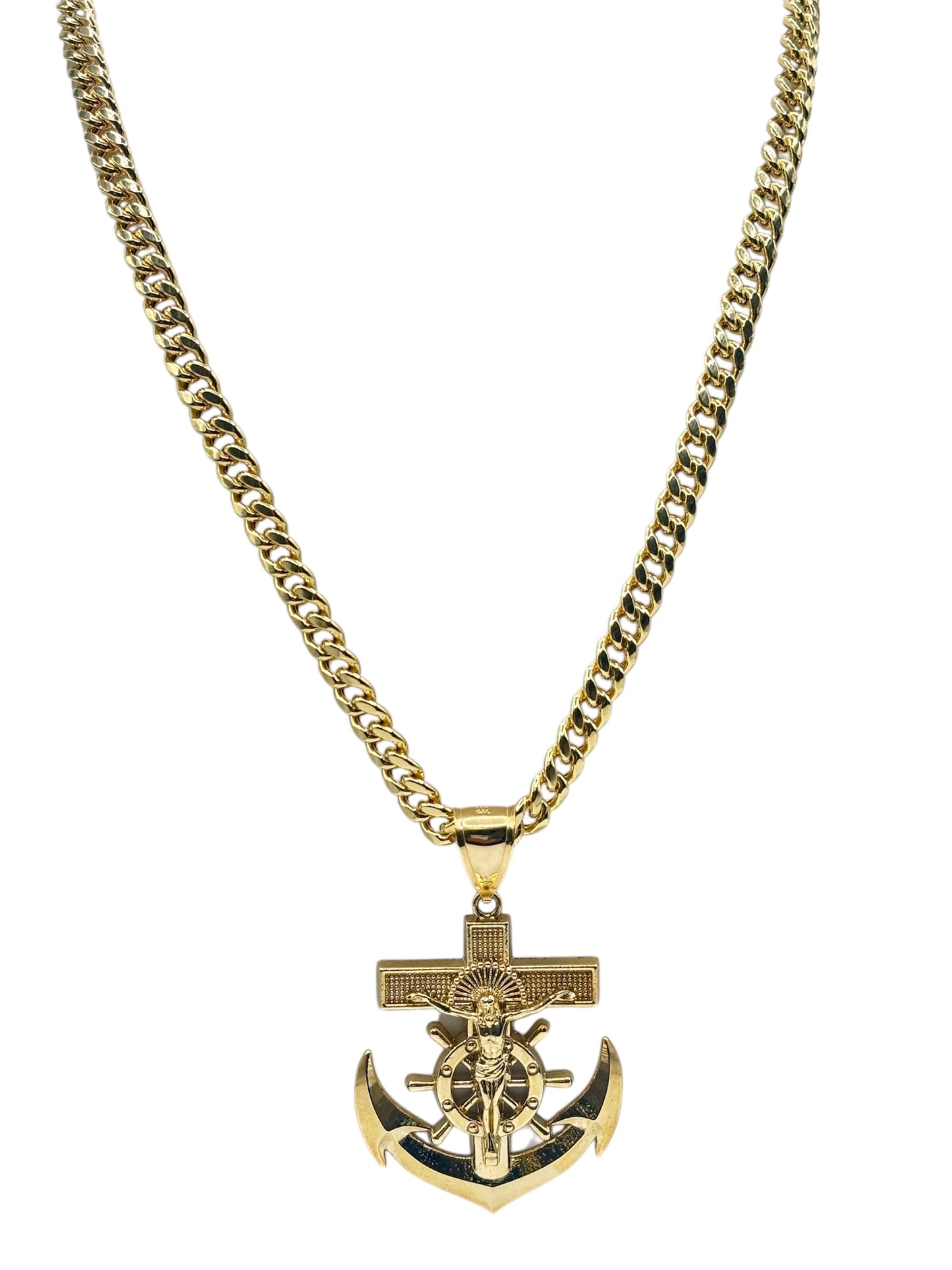 10k gold Cuban chain with pendant of Anchor of Jesus Christ 24in 6.1mm