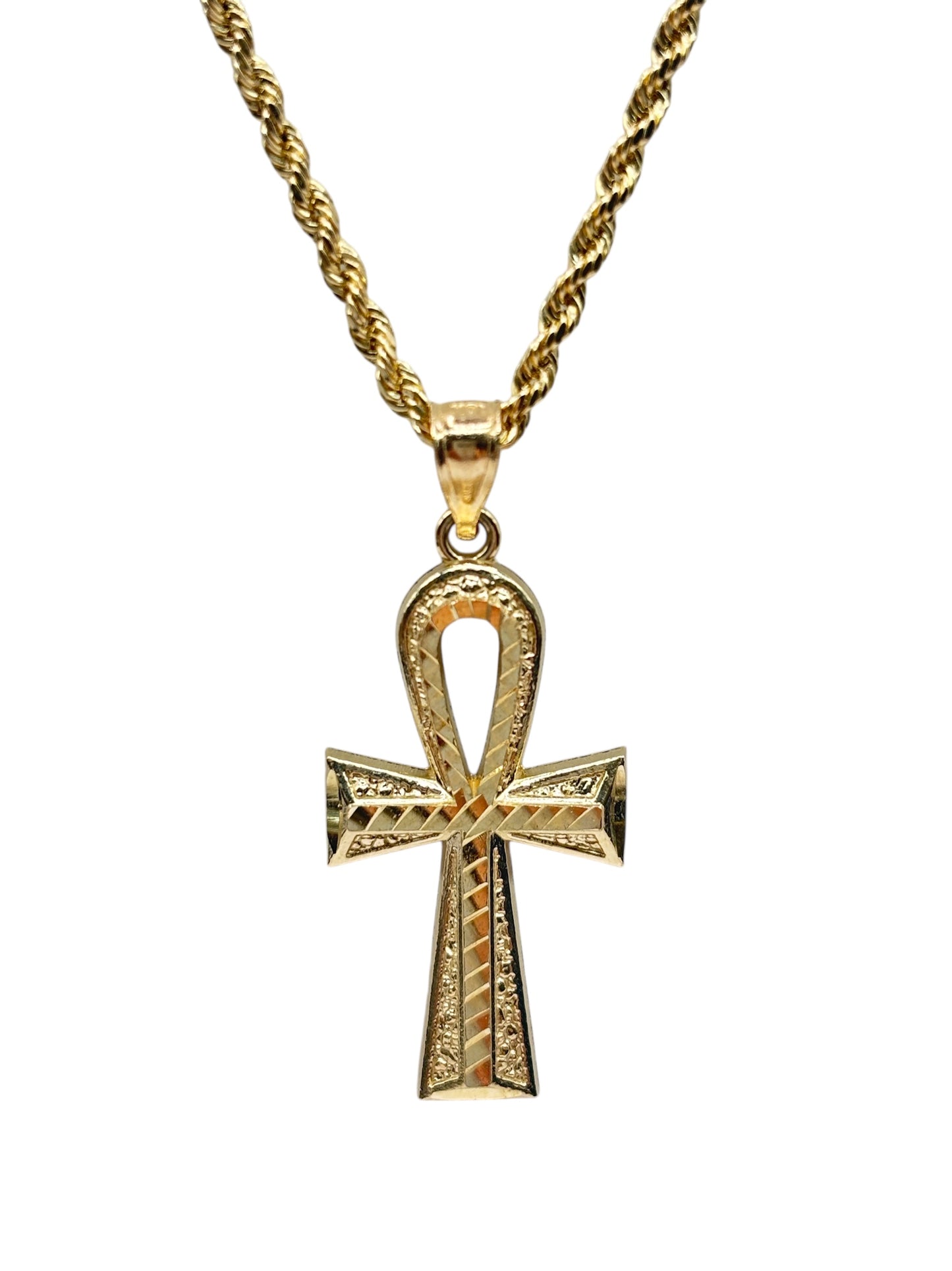 10k Gold Rope Chain with cross pendant 24in 2mm