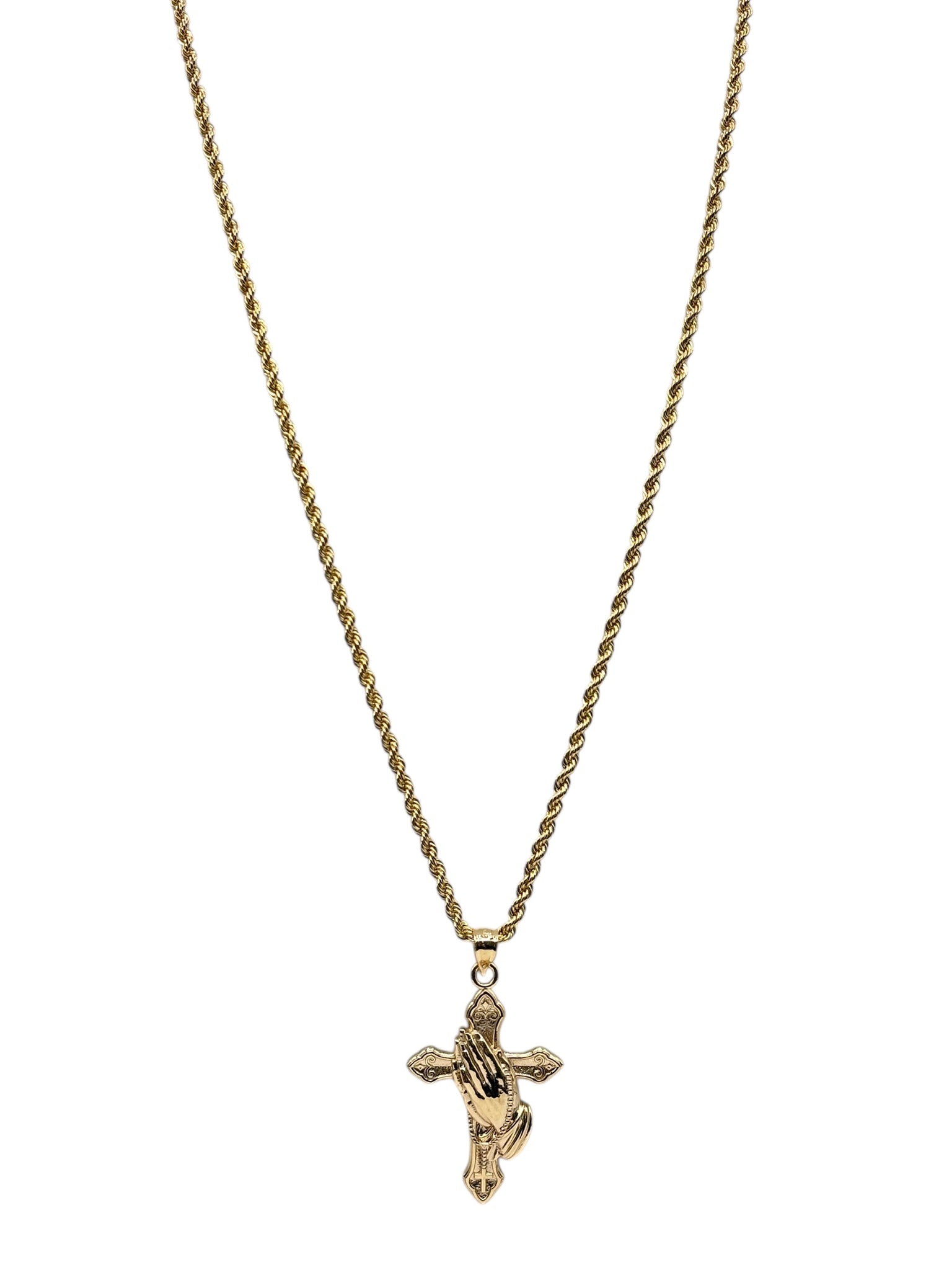 10k Gold Rope Chain with cross and hands of Jesus pendant 24in 2.8mm
