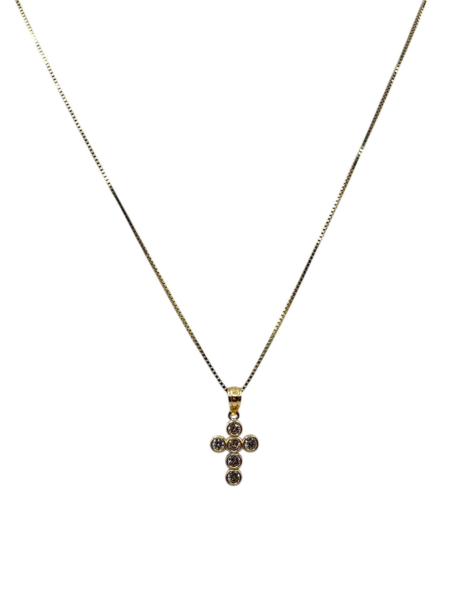 10k gold box chain with cross pendant with cz stones 18in 0.6mm