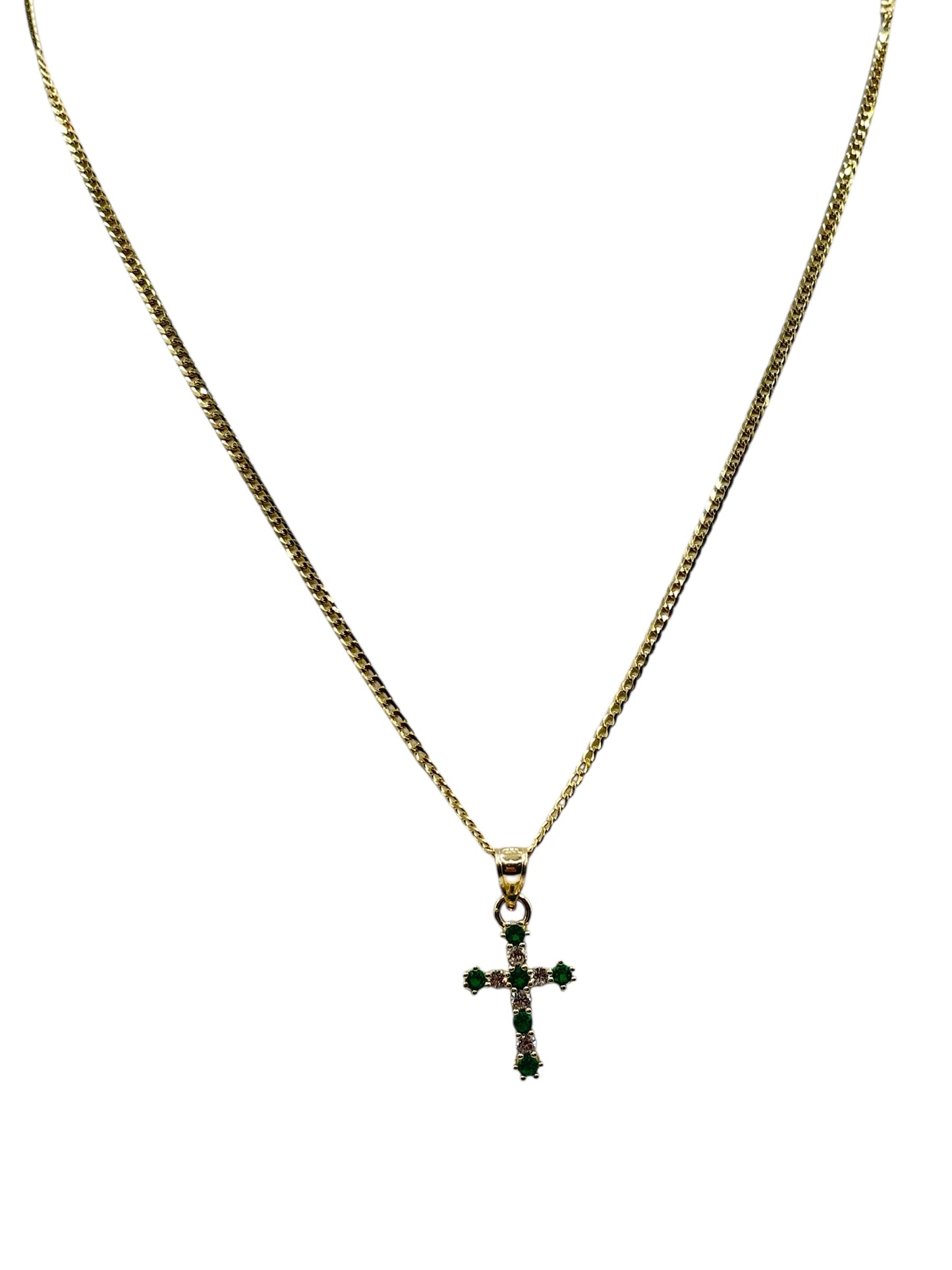 10k gold Cuban chain with cross pendant with withe and green cz stones ,18in 1.8mm