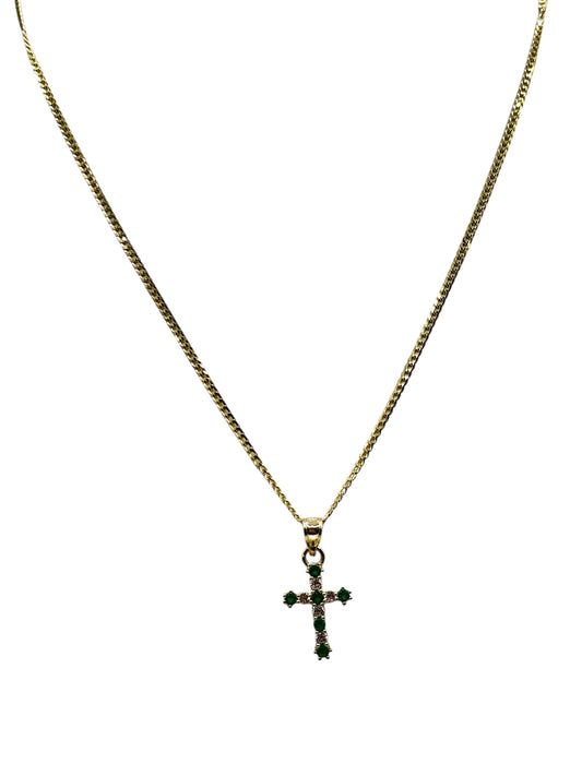 10k gold Cuban chain with cross pendant with withe and green cz stones ,18in 1.8mm