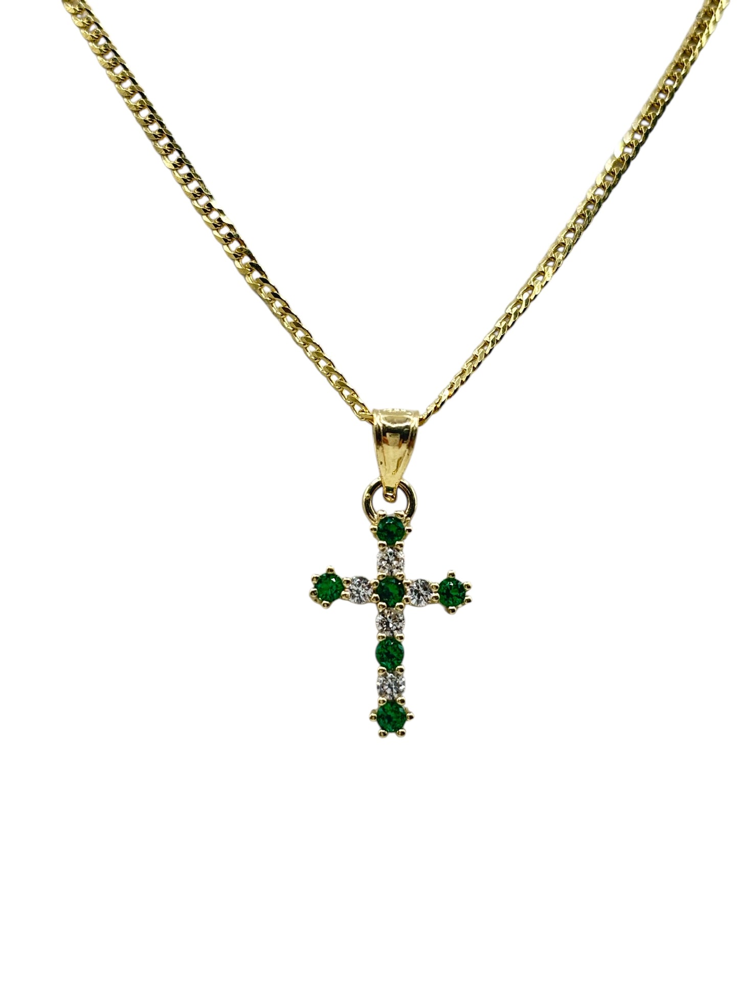 10k gold Cuban chain with cross pendant with withe and green cz stones ,18in 1.8mm