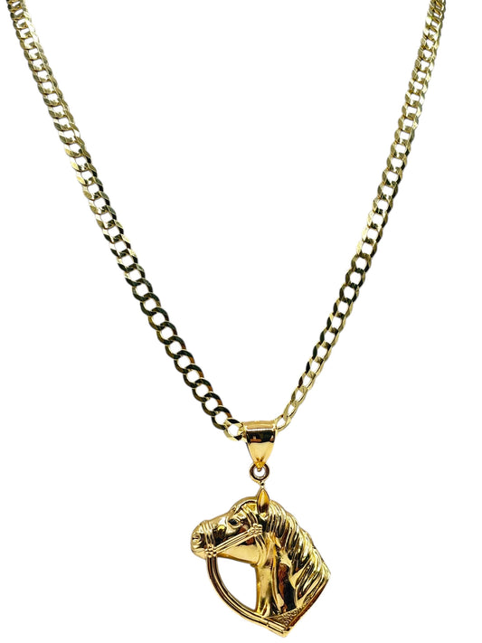 10k gold Cuban chain with horse pendant 26in 5.6mm