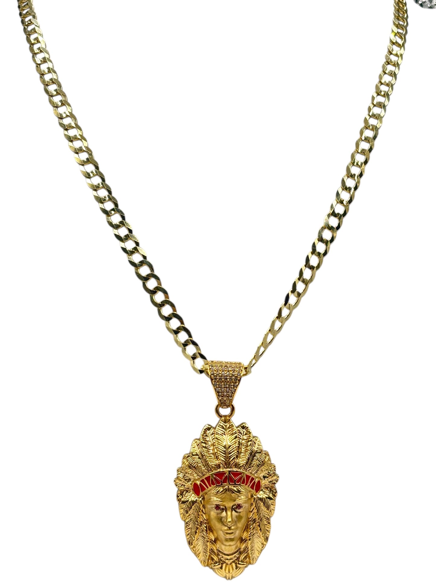 10k gold Cuban chain with pendant of Indian with cz stones 26in 5.6mm