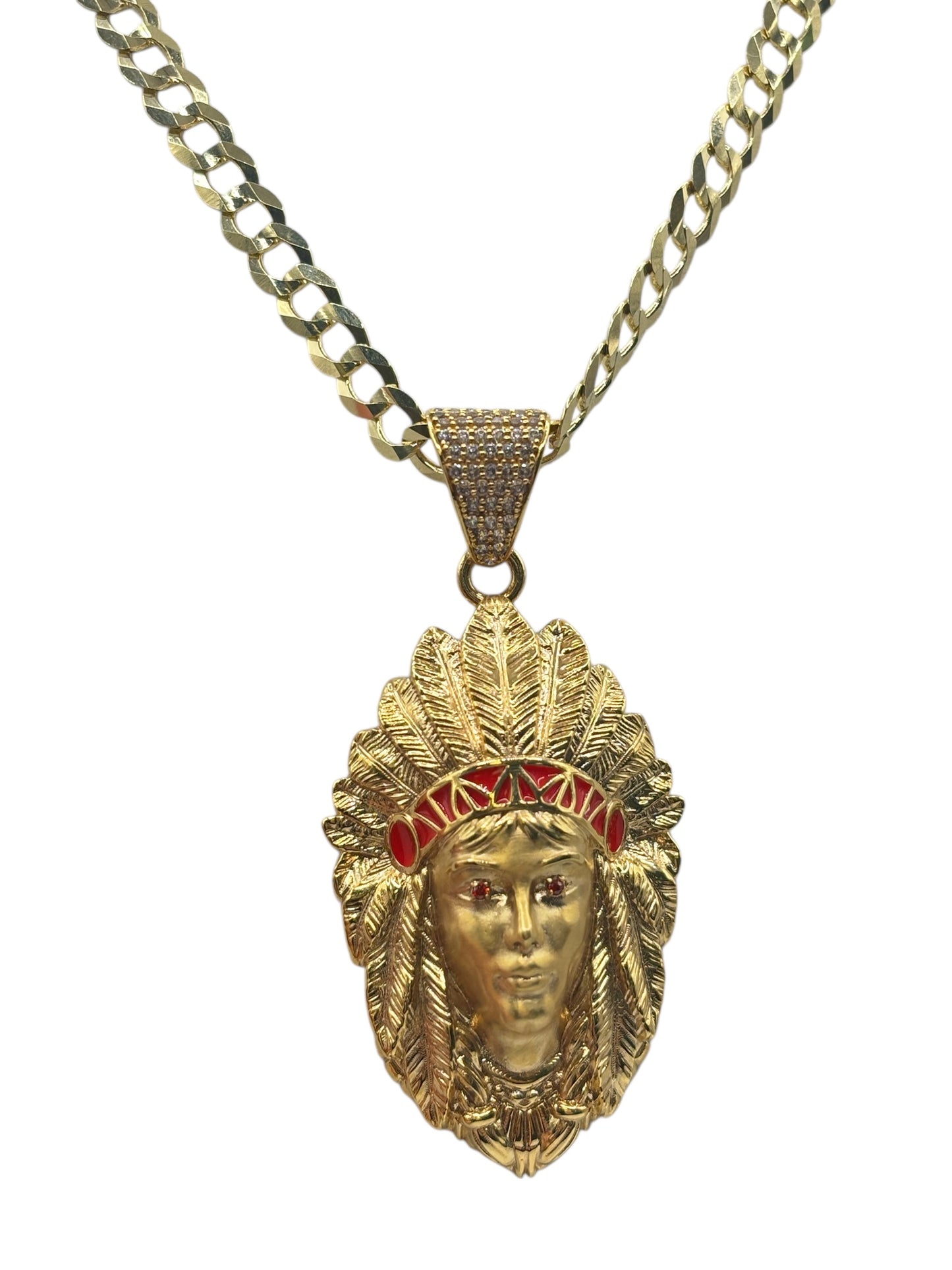 10k gold Cuban chain with pendant of Indian with cz stones 26in 5.6mm