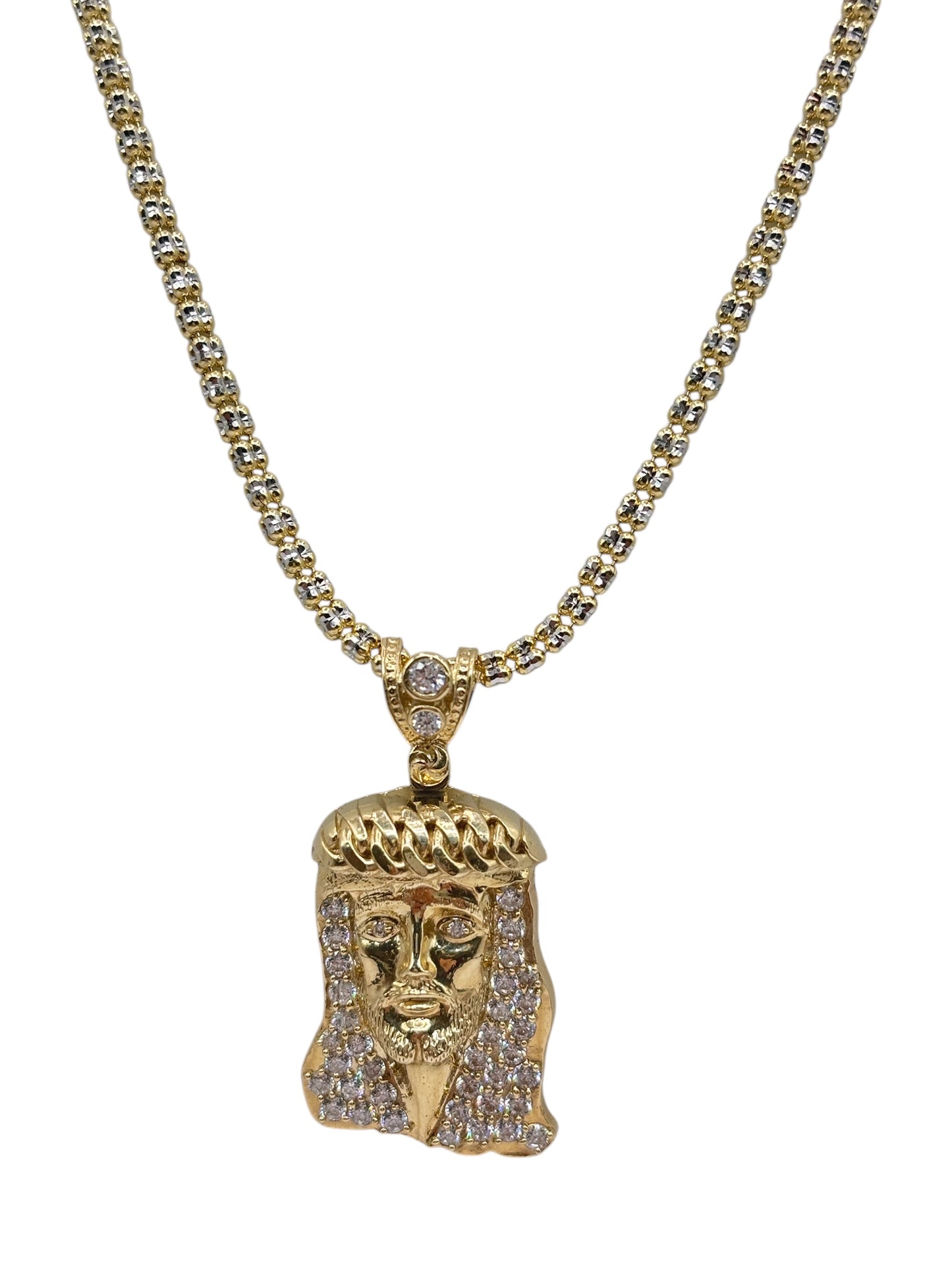 10k gold , Ice chain with Jesus pendant 24in 2.9mm