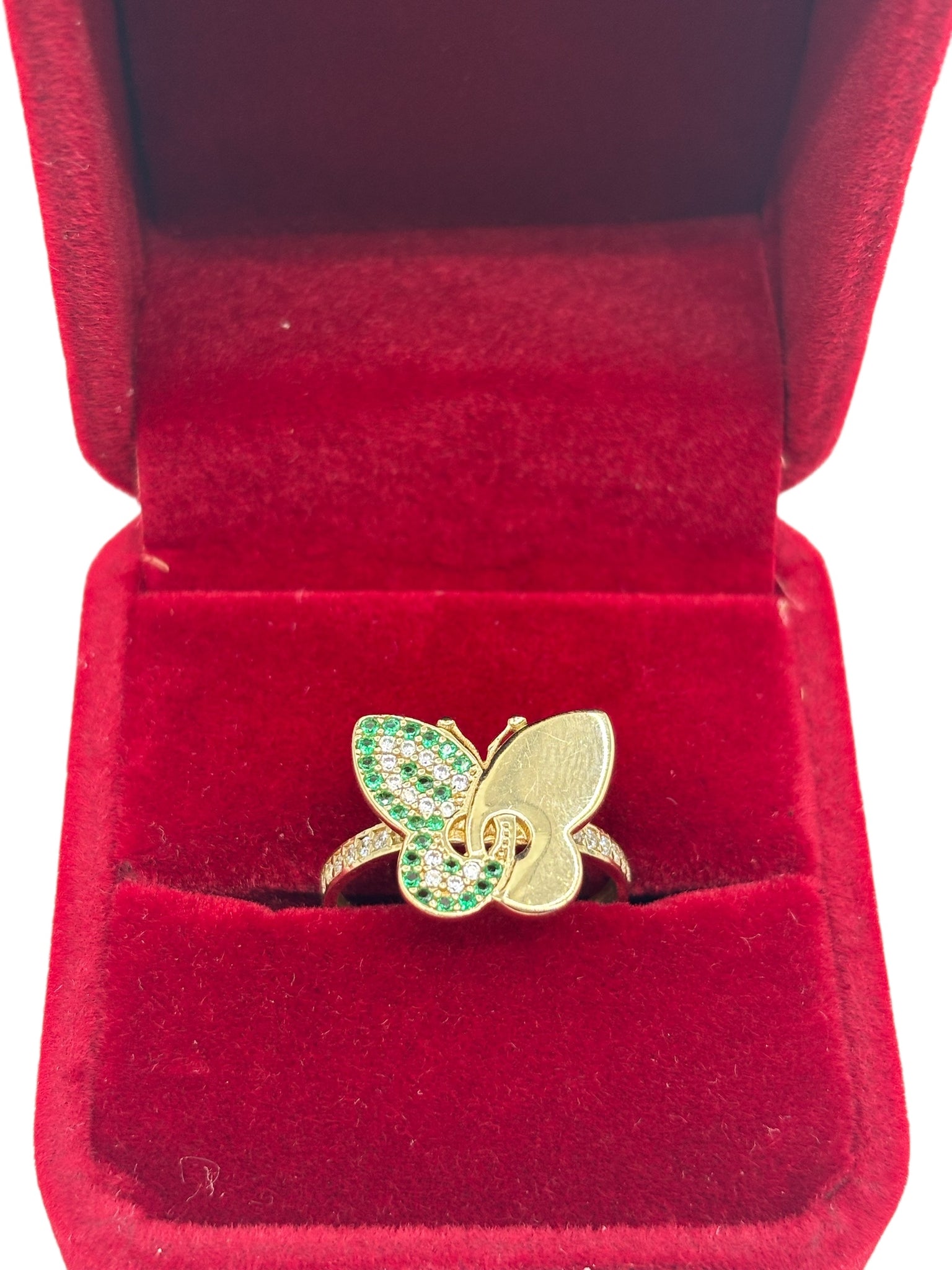 10k gold ring of butterfly with green and withe cz stones .size 7