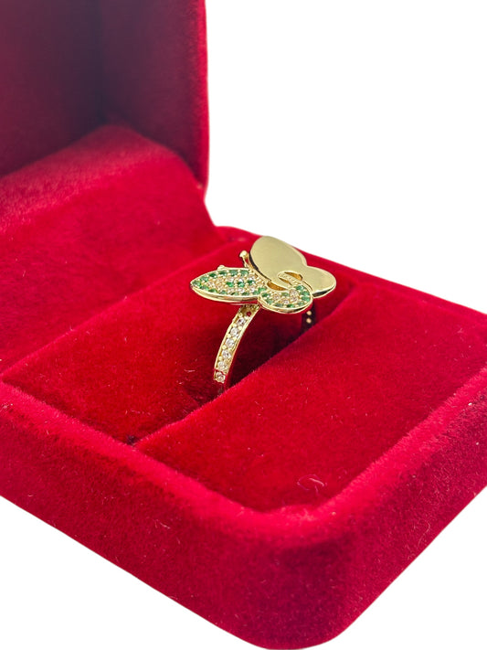 10k gold ring of butterfly with green and withe cz stones .size 7