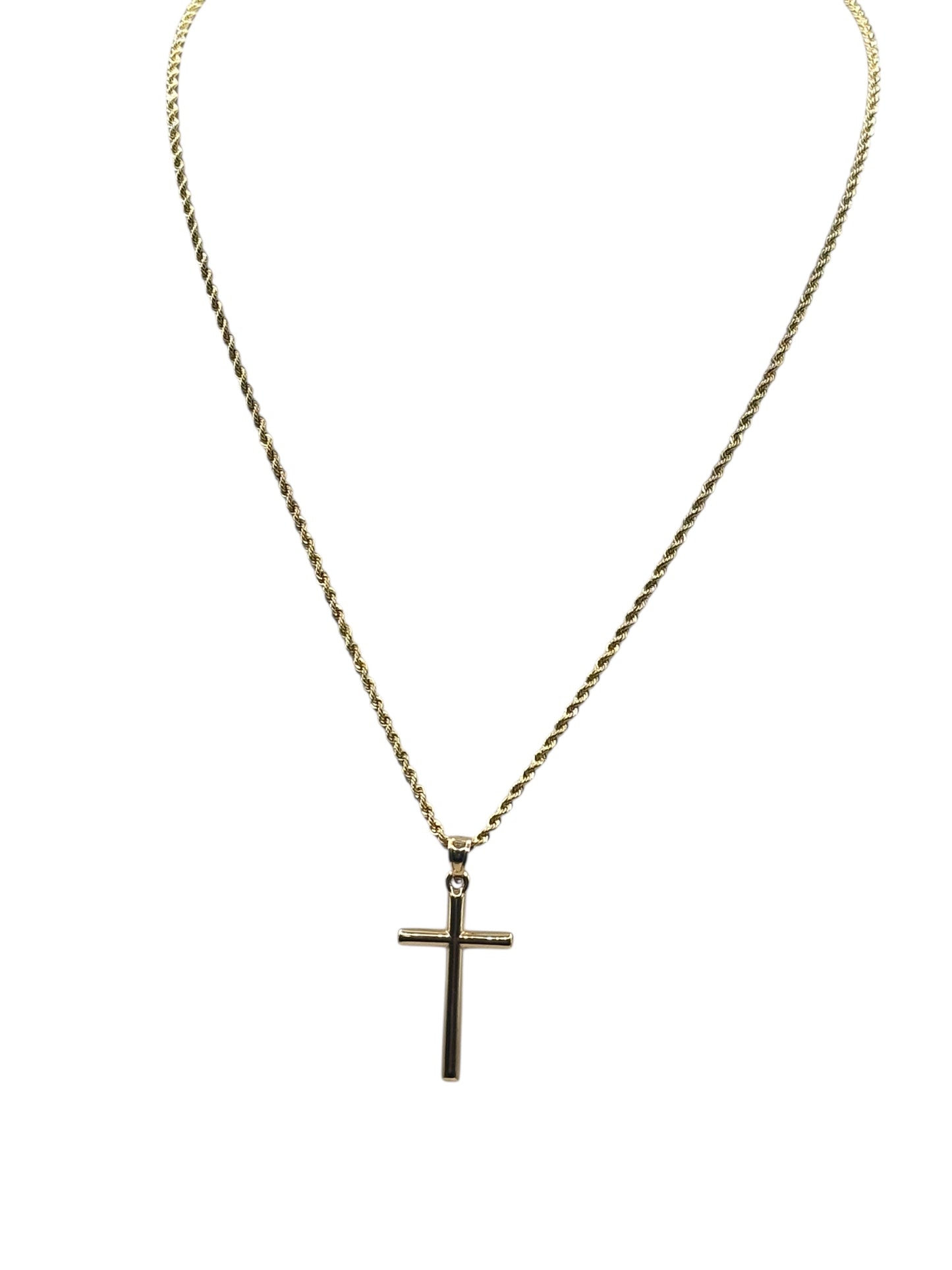 10k Gold, Rope chain with cross pendant 16in 1.5mm