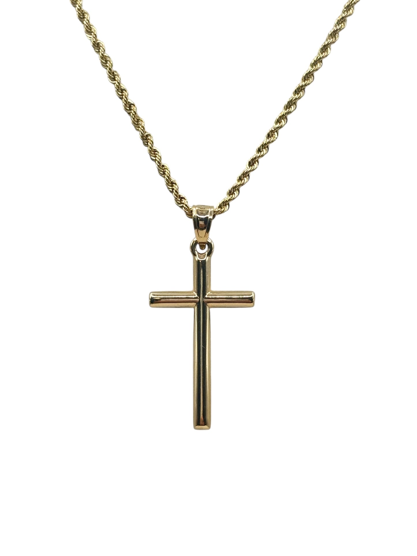 10k Gold, Rope chain with cross pendant 16in 1.5mm