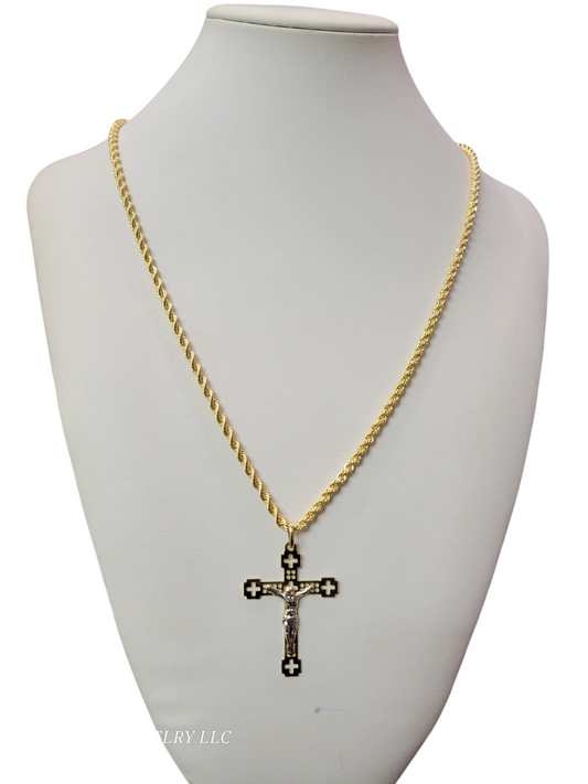 10k Gold Rope Chain with Cross Pendant 24in. 3mm