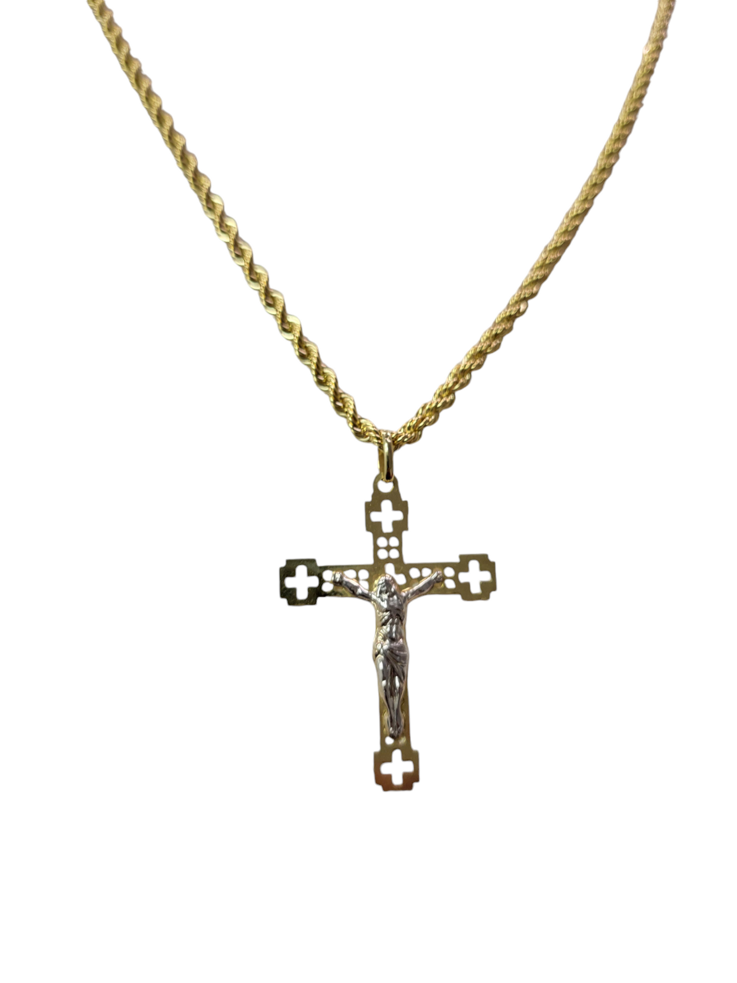 10k Gold Rope Chain with Cross Pendant 24in. 3mm