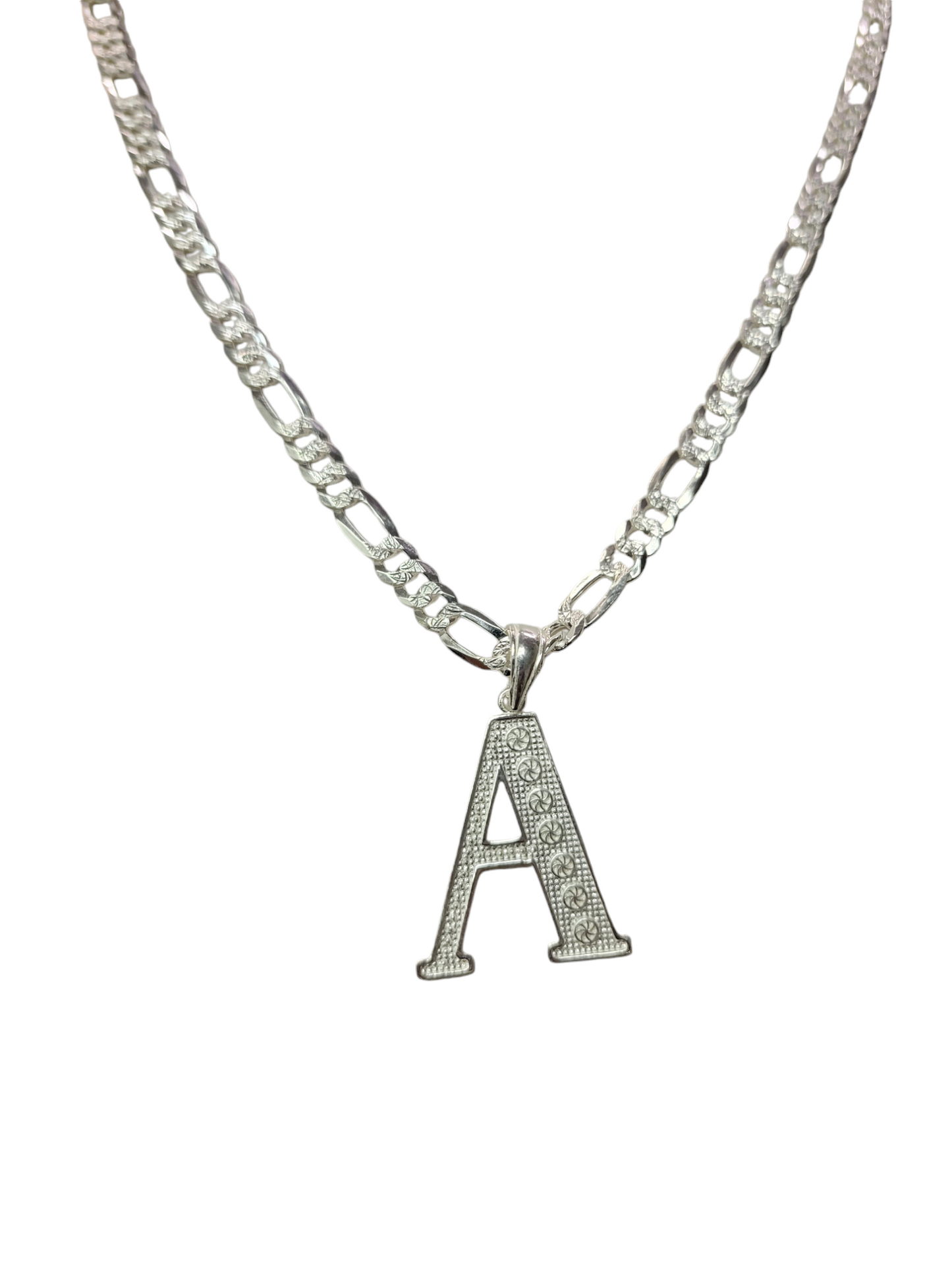 Figaro style chain with 925 silver letter A pendant. 26in 6mm