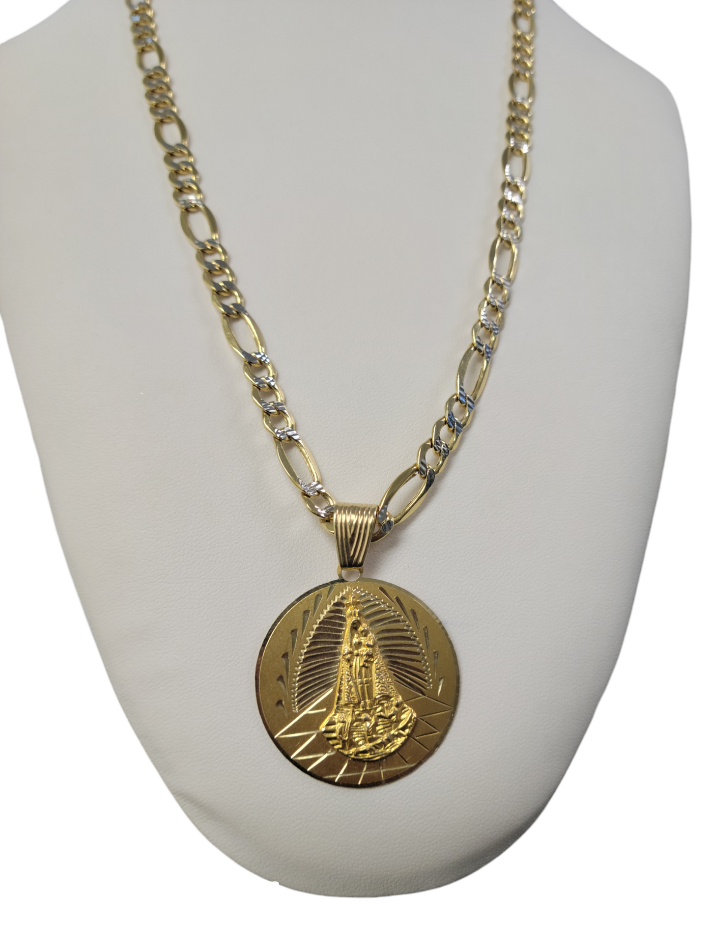 14k gold figaro chain with 14k virgin of charity pendant. 24in. 7.5mm