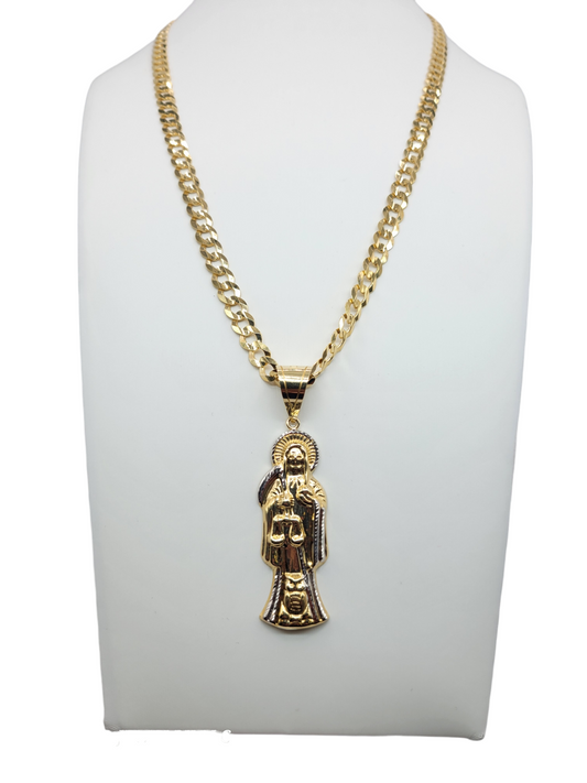 10k gold Cuban chain with Santa Muerte pendant 24in. 7.5mm