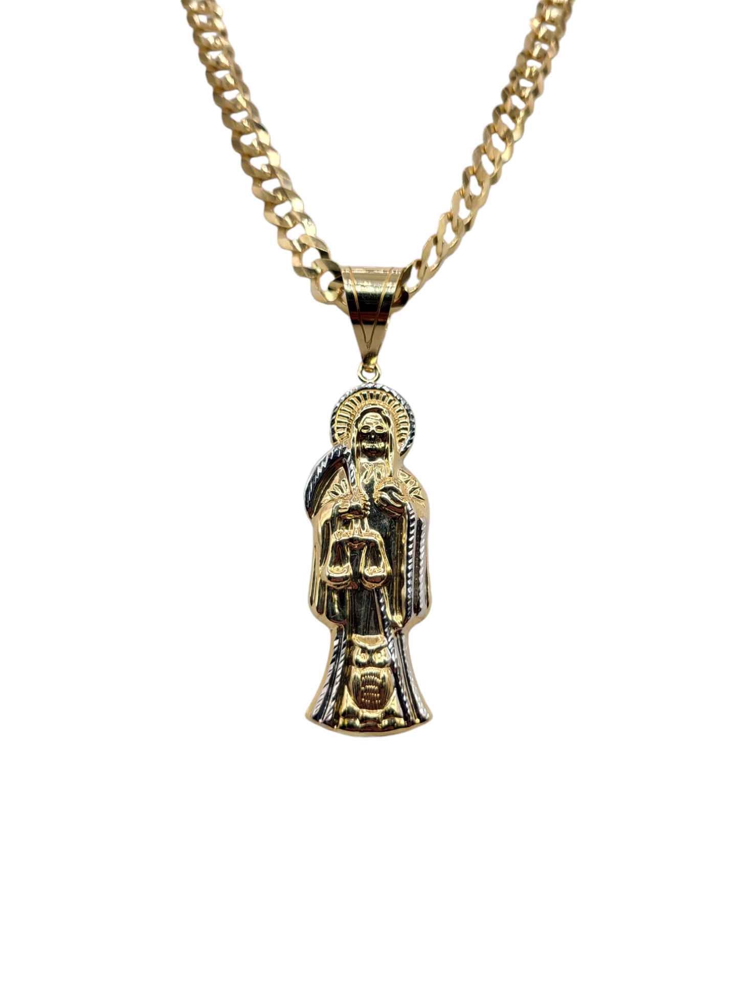 10k gold Cuban chain with Santa Muerte pendant 24in. 7.5mm