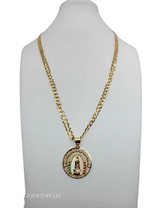 10k gold cuban chain with guadalupe pendant 24in.  6mm