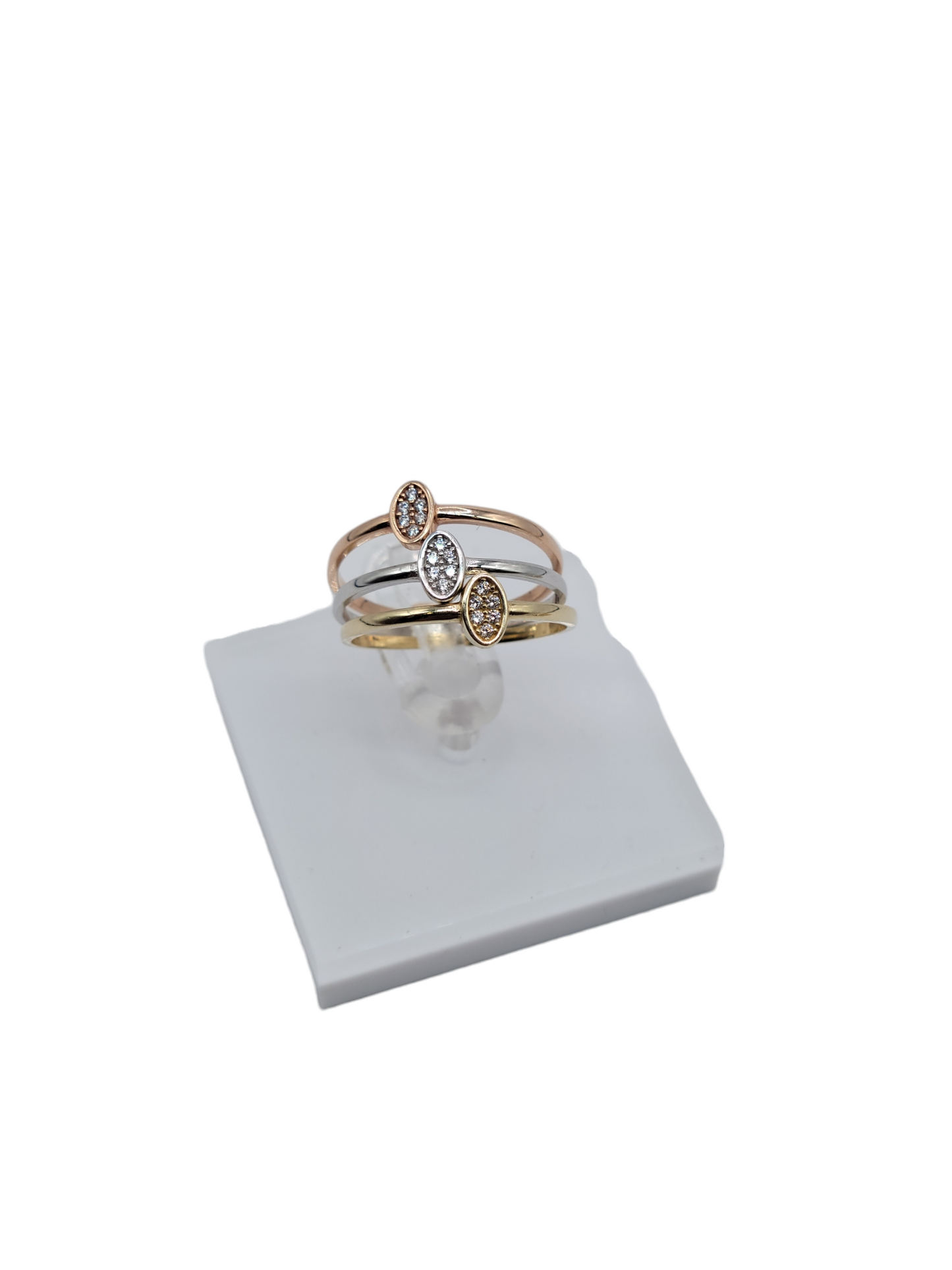 10k white, pink and yellow gold ring trio